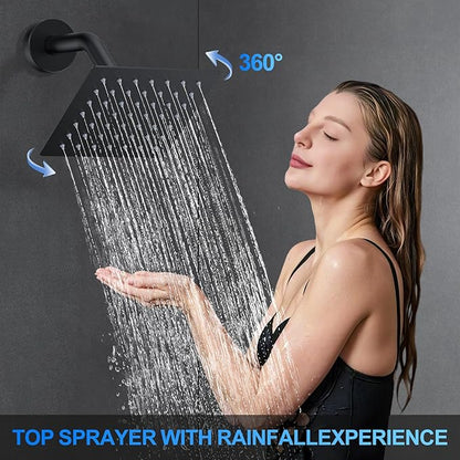 Shower Faucet Set, 10" Wall Mount Rainfall Shower System with 2 Rain Shower Head and Multi-function Handheld Head Push Button Diverter Shower Faucet Trim Kit Matte Black