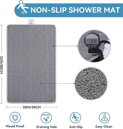 Non Slip Shower Mat Bathtub Mat 20x32 Inch, Quick Dry Bath Mat with Drain, Soft PVC Imitation Loofah Foot Scrubber Bath Mats for Bathroom Tub Shower Floor, Hangable & Hook Included, Gray