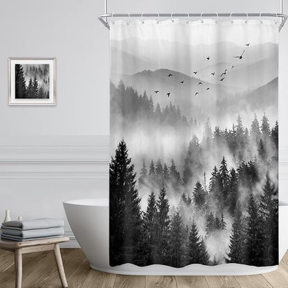 Riyidecor Black and White Shower Curtain 48Wx72H Inch,Stall Narrow Rv Small Nature Woods,Landscape Scenery Pine Tree Woodland Rustic Cool Mens Bathroom Decor Fabric Polyester Waterproof 12 Pack Hooks