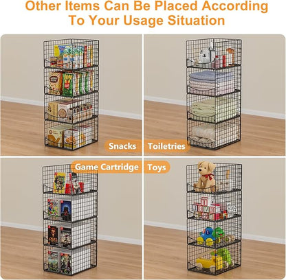 4-Tier Stackable Closet Organizers and Storage Shelves, Clothes Storage Basket, Clothes Shelf Organizer Sweater Organizer Bins Container for Wardrobe Kitchen Bathroom Office, Black