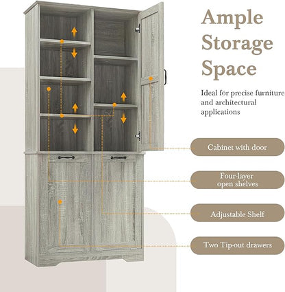 Favfurish 68" Tall Bathroom Storage Cabinet with Door and 2 Tilt-Out Laundry Hampers,Modern Linen Cabinets w/Open Shelf & Adjustable Shelves,Freestanding Organizer for Laundry Room,Kitchen,Oak