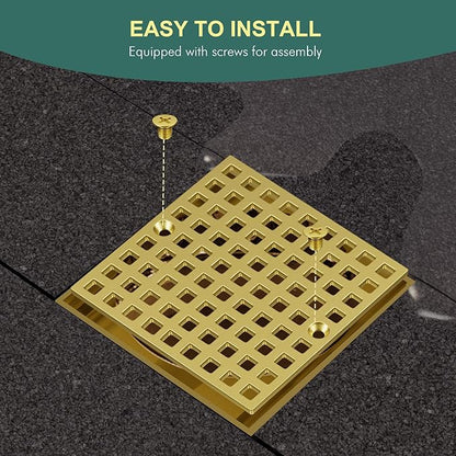3-7/8" Brushed Gold Shower Drain Cover - Square Floor Drain Cover Replacement - Hair Catcher/Drain Strainer for Bathrooms, Showers, and Sinks - SUS304 Stainless Steel & CUPC Certified