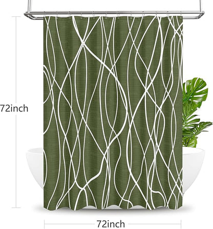 Tititex Morden140gms Faux Linen Fabric Bath Shower Curtain Set Textured Fabric with Olive White Curve Pattern 72x72 Inch Water Resistant Bathroom Curtains, Weighted Hem & Hooks for Hotel/Home