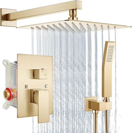 Aolemi Shower Faucet Set Rain Shower System with Handheld Spray Bathroom Shower Combo Rough-in Valve and Shower Trim Kit Included Brushed Gold 10 Inch Wall Mount Shower Head