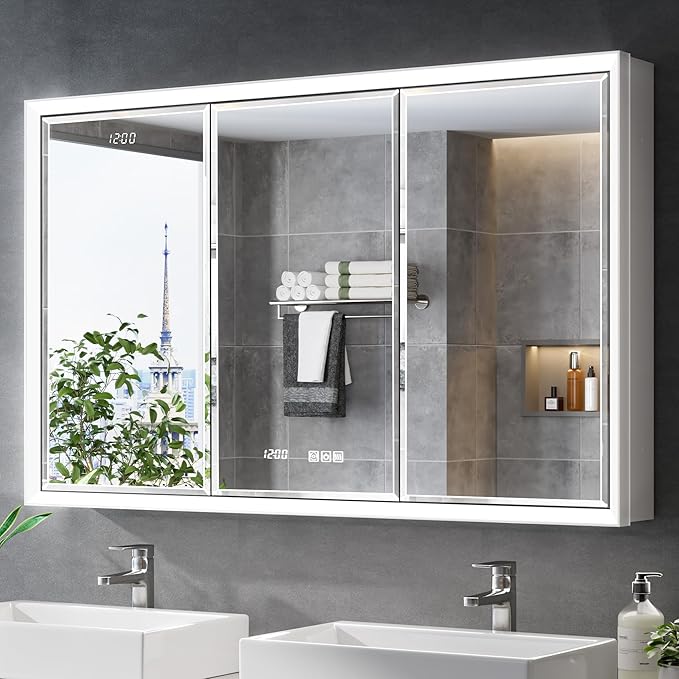 48x30 Beveled Lighted Medicine Cabinet with Mirror & Lights, Surface or Recessed Mirrored Medicine Cabinet with Outlet & Clock, Anti-Fog Dimmable LED Storage Cabinet, Built-in Sensor Light