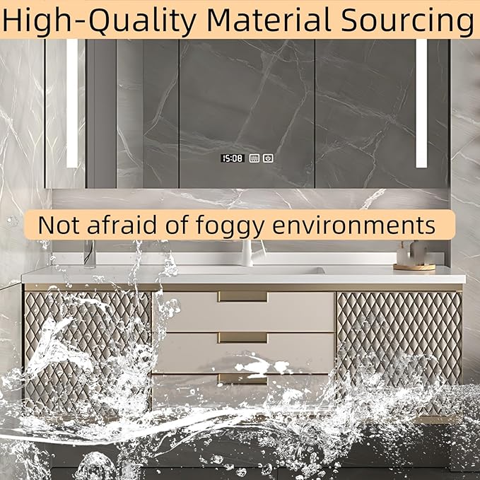 Modern Bathroom Vanity - Wall-Mounted Bathroom Cabinet with LED Light | Intelligent Defogging Mirror Cabinet Includes Time Display Function, 2 Drawers & 2 Storage Cabinets (Style A, 52IN)