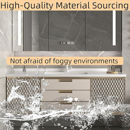 56IN Modern Bathroom Vanity - Wall-Mounted Bathroom Cabinet with LED Light | Intelligent Defogging Mirror Cabinet Includes Time Display Function, 2 Drawers & 2 Storage Cabinets (Style A)
