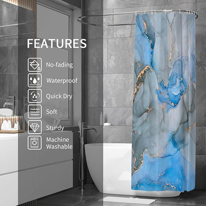 Gibelle Abstract Shower Curtain, Blue Grey Marble Fabric Shower Curtain for Bathroom, Modern Ink Art Decor Waterproof Shower Curtain Set with Hooks, 71x71