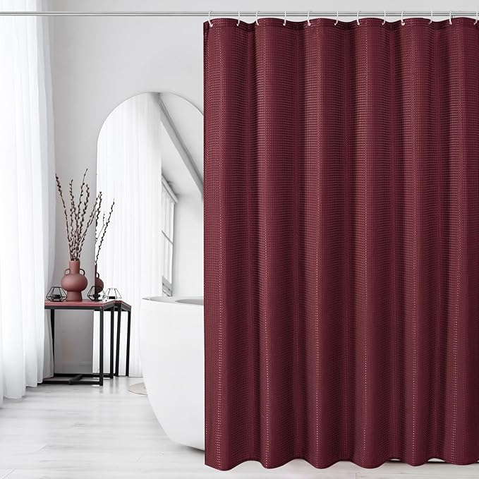 Gibelle Small Stall Shower Curtain 36 x 72, Narrow Half Waffle Weave Textured Fabric Shower Curtain for Bathroom, Water Repellent, Machine Washable, Burgundy