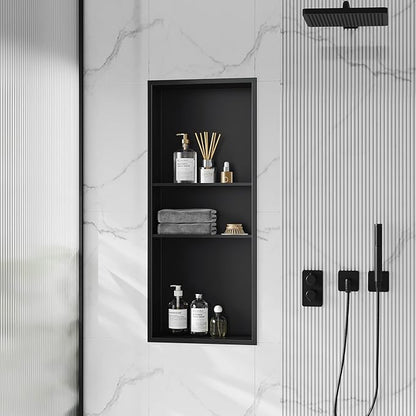 Neodrain 12X30 in Shower Niche, Matte Black 3 Layers Shower Shelf Stainless Steel Recessed Storage NO Tile Needed Recessed Niche Shower for Bathroom Storage