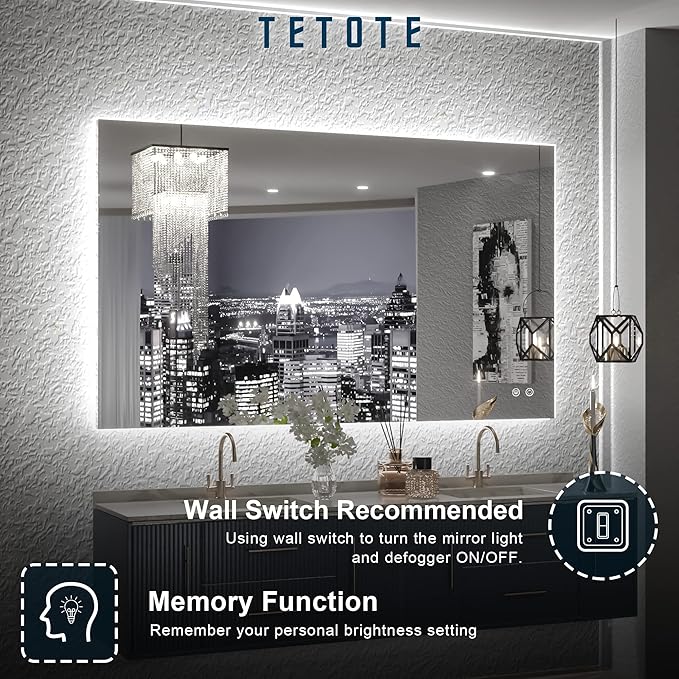 TETOTE 40 x 24 LED Backlit Vanity Mirror Bathroom,3Color White/Warm/Natural,Anti-Fog Lighted Mirror,Dimmable,Wall Mounted