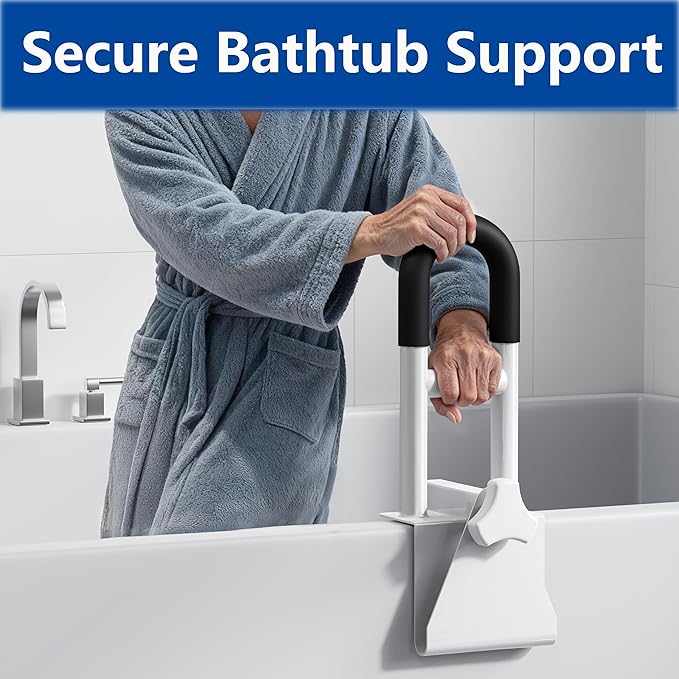 Bathtub Safety Rail: Shower Grab Bar Handle for Seniors, Elderly, and Disabled, Fits 3.1 to 6.7 Inch Tub Walls, Bathroom Safety Bars with Non-Slip Grip, Supports 300 lbs