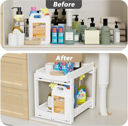 Bamboo Under Sink Organizer Adjustable Height 2 Tier Bathroom Organizer Pull Out Cabinet Storage Kitchen Heave Duty Wood Slide Ou Shelf for Kitchen Bathroom (White, 1 Pack)