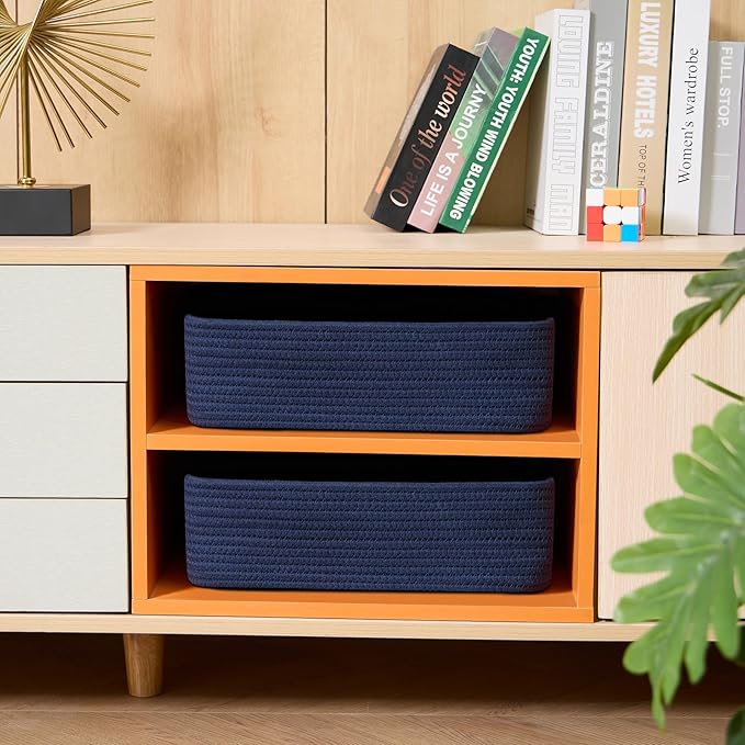 Large Shallow Organizing Baskets 15x11x5.1 Inches - Rope Woven Storage Bins for Bathroom, Shelves, Cube Closet, Navy Blue 3 Packs