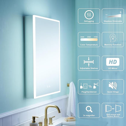 WELLFOR 24" X 30" Medicine Cabinet With Lights, 3X Magnification, Anti-Fog Mirrored Cabinet, Bathroom Vanity With Outlets & USB Ports, Right Opening Door