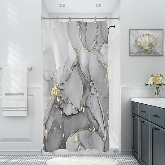 Small Stall Marble Shower Curtain 36 x 72 Inch, Half Narrow Abstract Modern Shower Curtains for Bathroom, Luxury Art Ink Texture Fabric Shower Curtain Set with Hooks, Grey