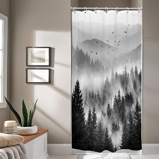 Riyidecor Black and White Shower Curtain 36Wx72H Inch Mountain Rustic Pine Tree Stall Half Small Rv Single Stand Up Camper Narrow Scenery View Bathroom Decor Fabric Polyester Waterproof 7 Pack Hooks