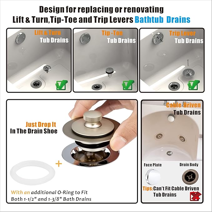 Artiwell Universal Lift and Turn Bath Drain Stopper and Cover, Bathtub Drain Stopper, Replaces Lift and Turn, Tip-Toe and Trip Lever drains for Tub, EZ Installation and Clearing (Brushed Nickel)