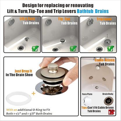 Artiwell Universal Lift and Turn Bath Drain Stopper and Cover, Bathtub Drain Stopper, Replaces Lift and Turn, Tip-Toe and Trip Lever drains for Tub, EZ Installation and Clearing (Brushed Nickel)