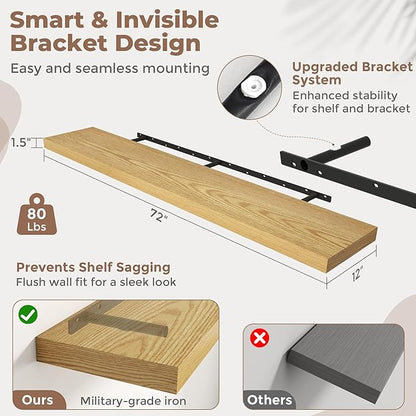 72 Inch Long Floating Shelves for Wall Set of 2, 12"D Wood Grain Bathroom Shelves with Invisible Brackets, Easy Install Engineered Wood Storage Shelves for Kitchen, Living Room, Bedroom, Oak Finish