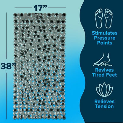 SlipX Solutions Non Slip Pebble Bath Mat for Shower & Bathtub 38x17 | River Rock Look | Accupressure | Massage Bath Mats for Tub | 188 Suction Cups | Machine Washable, Dark Gray Pebbles