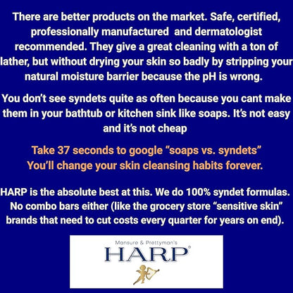 HARP pH-Balanced (5.0-6.0) Body Wash Bar. 100% Syndet. Protects Moisture Barrier For Sensitive, Dry or Irritated skin. + Shea Butter/Borage Oil. Non-Comedogenic. FRAGRANCE FREE
