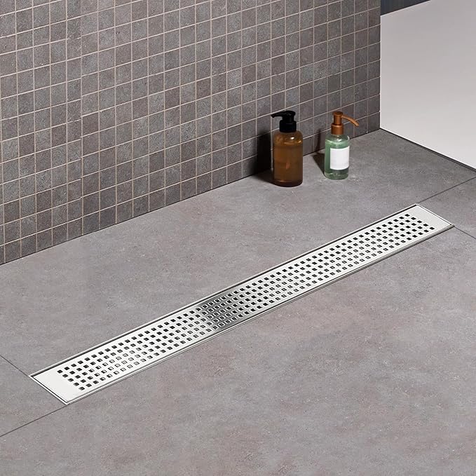 Offset Linear Shower Drain, Shower Drain 36 inch with Removable Grate Cover, Professional AISI 304 Stainless Steel Side Outlet Shower Floor Drain with Hair Catcher and Leveling Feet