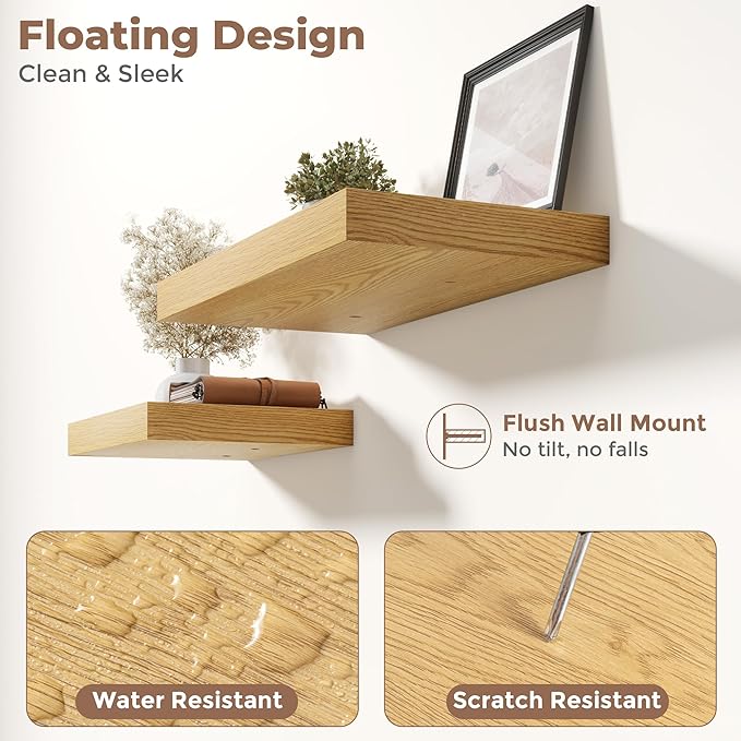 30 Inch Floating Shelves for Wall Set of 2, 12"D Wood Grain Bathroom Shelves with Invisible Brackets, Easy Install Engineered Wood Storage Shelves for Kitchen, Living Room, Bedroom, Oak Finish