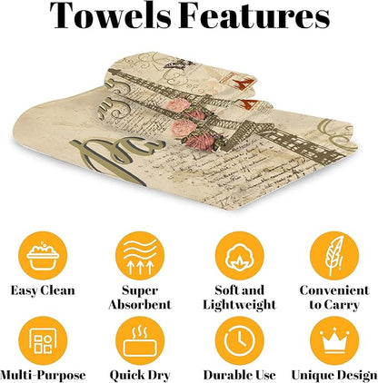 Vintage Butterfly Paris Eiffel Tower 3 Piece Towel Bathroom Sets, 1 Bath Towel, 1 Washcloth, 1 Hand Towel, Cotton Fast Dry Soft Absorbent Towel Set for Home Kitchen Family
