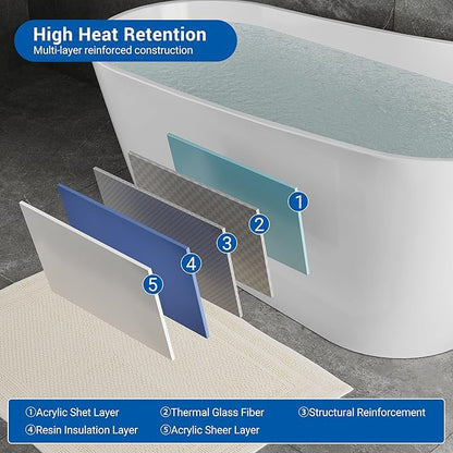 67" Acrylic Freestanding Bathtub, Modern Deep Soaking Tub, cUPC Certified Free Standing Tub, Chrome Drain/Overflow, White Acrylic, Allure White