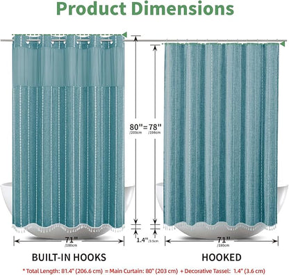 No Hook Long Shower Curtain Set with Snap-in Fabric Liner,Linen Textured Thick Striped Fabric with Tassels,Boho Farmhouse Rustic Luxury Bathroom Curtain,Water-Repellent,Teal,71x80