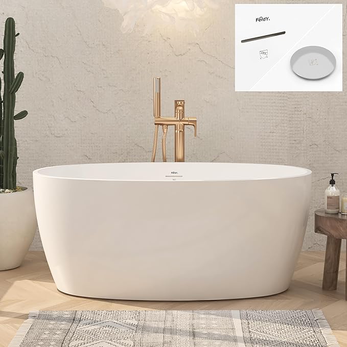 FerdY Tahiti 55" Acrylic Freestanding Bathtub, Elegant Oval Shape Soaking Bathtub, Glossy White, Chrome Drain & Integrated Slotted Overflow Assembly Included cUPC Certified