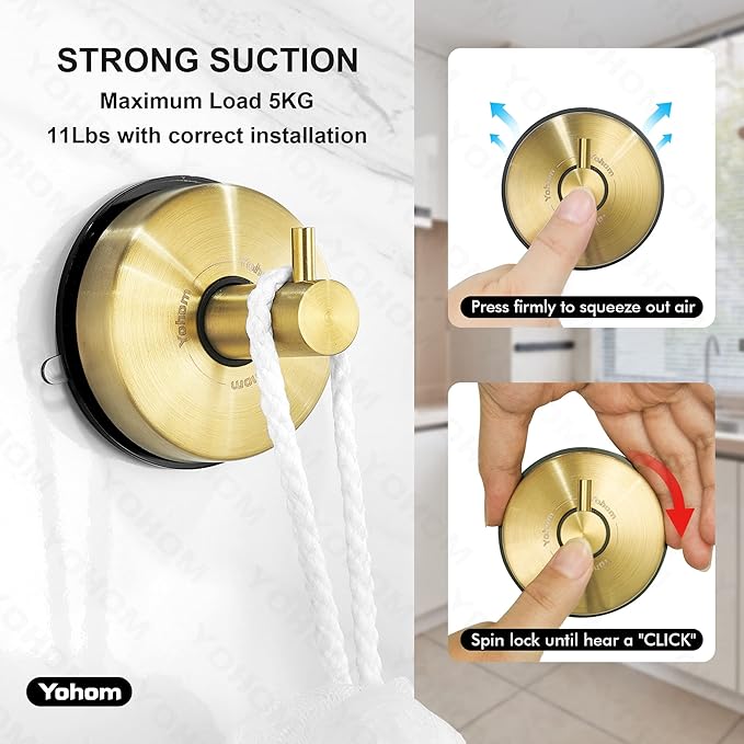 YOHOM Suction Cup Hooks for Shower Gold Towel Holder Stainless Steel Vacuum Bathroom Shower Hook Suction Washcloth Hanger Kitchen Towel Rack for Robe Loofah Wreath Glass Door Window Wall Brushed 4Pcs