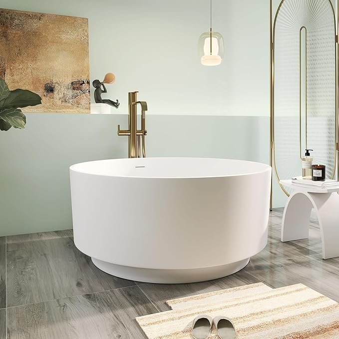 49" Premium Solid Surface Freestanding Bathtub, Upgraded Round Soaking Deep Stone Resin Tub with Overflow and Pop-up Drain, Matte White