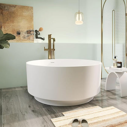 49" Premium Solid Surface Freestanding Bathtub, Upgraded Round Soaking Deep Stone Resin Tub with Overflow and Pop-up Drain, Matte White