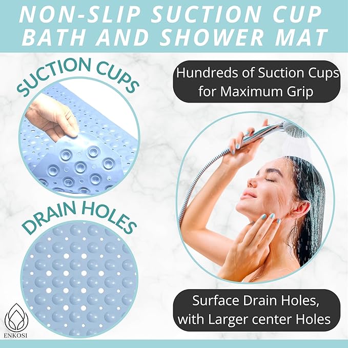 ENKOSI Non-Slip Bath Mat - Extra Long 40 x 16 Inch Large Anti-Slip Tub & Shower Mat with Suction Cups and Drain Holes for Bathroom Bathtub Safety and Decor (40x16 Aqua Blue)