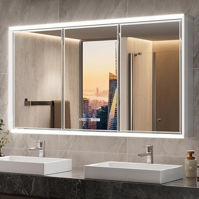 54x30 Beveled Lighted Medicine Cabinet with Mirror & Lights, Surface or Recessed Mirrored Medicine Cabinet with Outlet & Clock, Anti-Fog Dimmable LED Storage Cabinet, Built-in Sensor Light