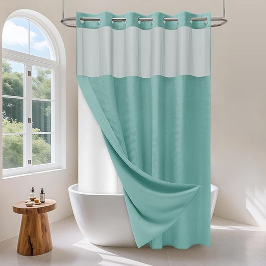 No Hook Waffle Weave Shower Curtain Set with Snap-in Fabric Liner and Mesh Top Window,256GSM Heavy Duty Fabric,Turquoise Washable Luxury Shower Curtain for Bathroom Stalls (72x75 Inch)