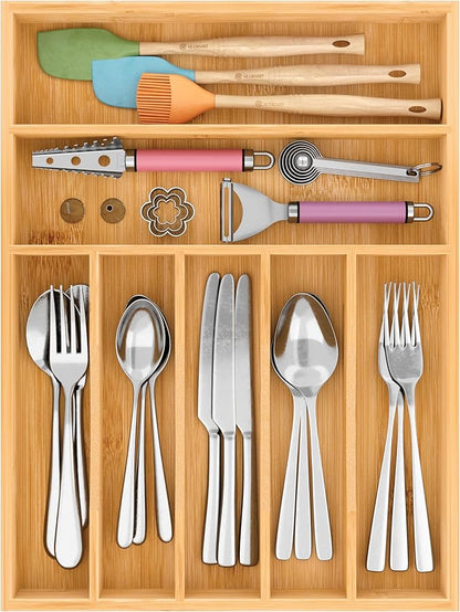 BAMEOS Bamboo Silverware Drawer Organizers, 11.9 inch Utensil Drawer Organizer for Kitchen Drawers, 7 Slots Total Large Flatware Organizer for Knives Cutlery Spoons Forks (Natural)