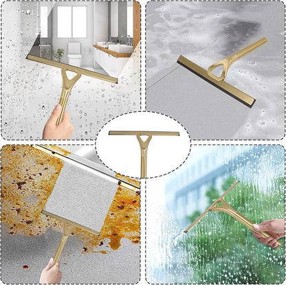 8.9x8.7inch Gold Stainless Steel Shower Squeegee Window Squeegee with Hanging Hook - Glass Wiper Squeegeer Cleaning Tool for Clean Ceramic Tile,Shower Door, Mirror,Window,Car Glass,Table Top