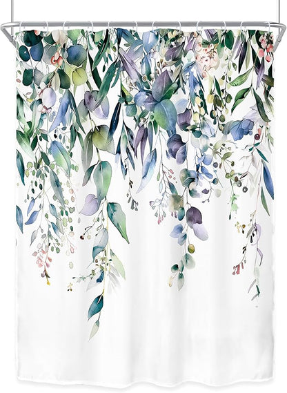 Riyidecor Extra Long Navy Eucalyptus Shower Curtain for Bathroom Decor 54Wx78H Eucalyptus Plants Leaves Botanical Leaf Floral Art Printed Fabric Polyester Waterproof 12 Pack Plastic