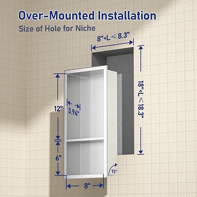 Stainless Steel Shower Niche 18"× 8" Brushed with 2- Tier Shelf No Tiled Needed Niche Shower for Wall Recessed Shower Shelf for Bathroom Storage