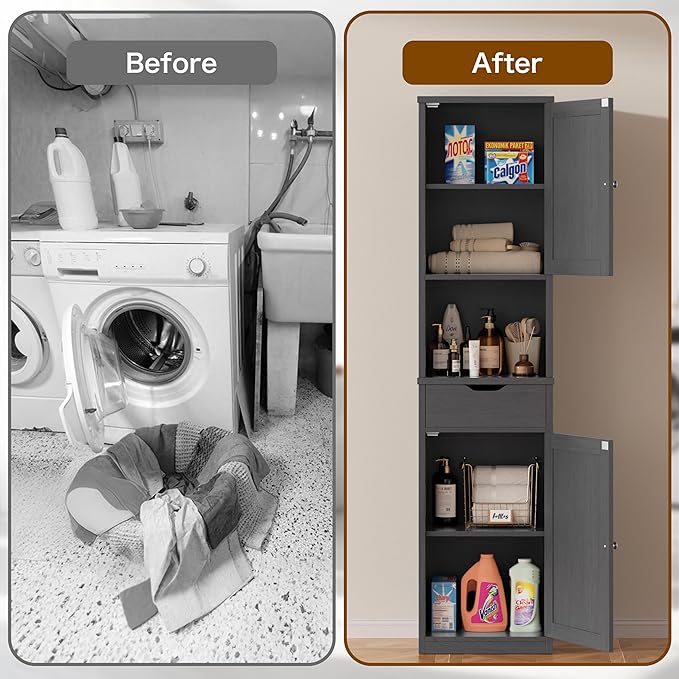 Walsunny Tall Bathroom Storage Cabinet with Freestanding Adjustable Shelves, Narrow Storage Linen Cabinet with 2 Doors and 1 Drawers for Bathroom, Living Room, Kitchen(Gray)