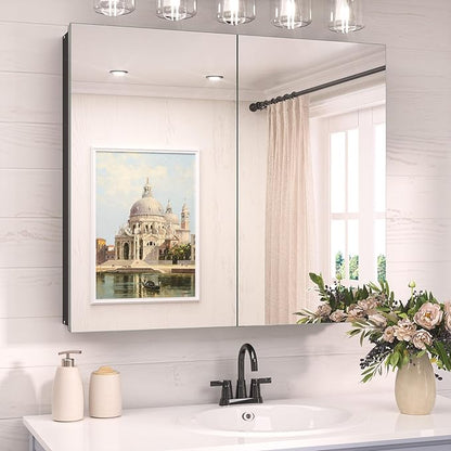 TokeShimi 30 x 26 Surface Mount Medicine Cabinet Mirror for Bathroom Black, Aluminum Recessed Medicine Cabinet Mirror with Storage with Stepless Adjustable Shelves Modern Farmhouse