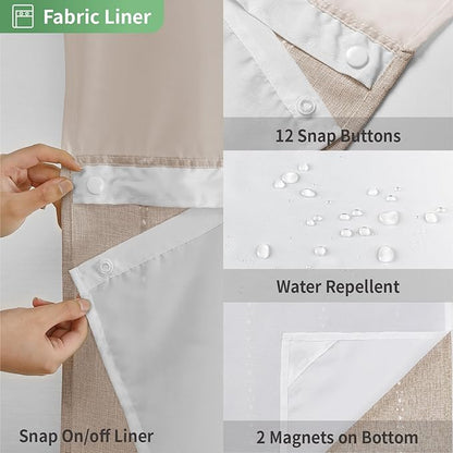 No Hook Long Shower Curtain Set with Snap-in Fabric Liner,Linen Textured Thick Striped Fabric with Tassels,Boho Farmhouse Rustic Luxury Bathroom Curtain,Water-Repellent,Tan/Taupe,71x80