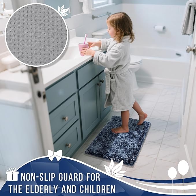 Yimobra Long Bathroom Rug Non Slip 44x24 Inch, Extra Thick Soft Absorbent Chenille Bath Mat, Machine Washable Bath Rugs for Bathroom Floor, Tub and Shower, Home Decor Accessories, Light Blue