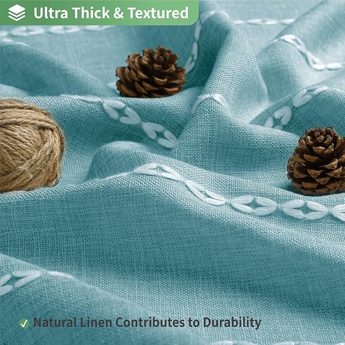 Boho Farmhouse No Hook Shower Curtain Set with Snap-in Fabric Liner,Heavy-Duty Linen Textured Rustic Striped Design,Water-Repellent with Tassels and Sheer Window,Teal,71x74