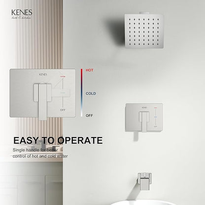 KENES Tub Shower Faucet Set Complete, Brushed Nickel Tub and Shower Trim Kit with 6-Inch Rain Shower Head, Square Shower System, KE-6025A (Shower Valve Included)