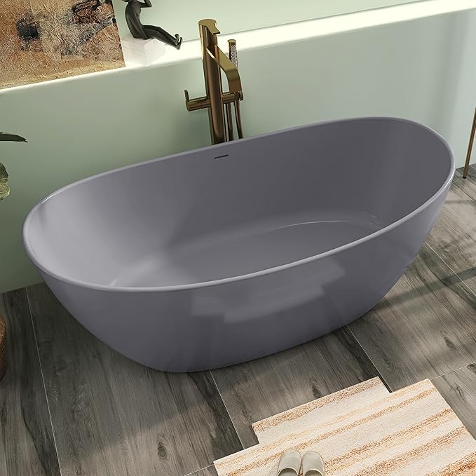 65" Premium Solid Surface Free Standing Bathtub, Upgraded Light Grey Design Stone Resin Soaking Tub with Overflow and Pop-up Drain