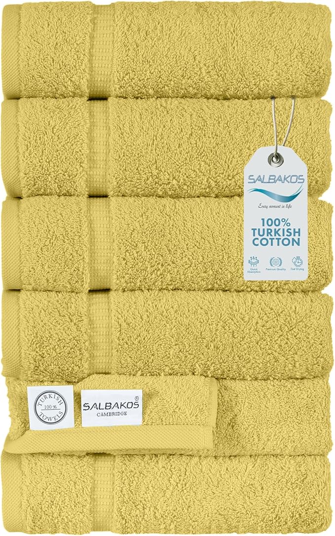 SALBAKOS 100% Turkish Cotton Hand Towel Set of 6 16x30 inch | Heirloom Quality | Hotel & Spa Collection | Soft, Super Absorbent, Long Lasting Hand Towels | Made in Turkey (Yellow, 6 Hand Towels)